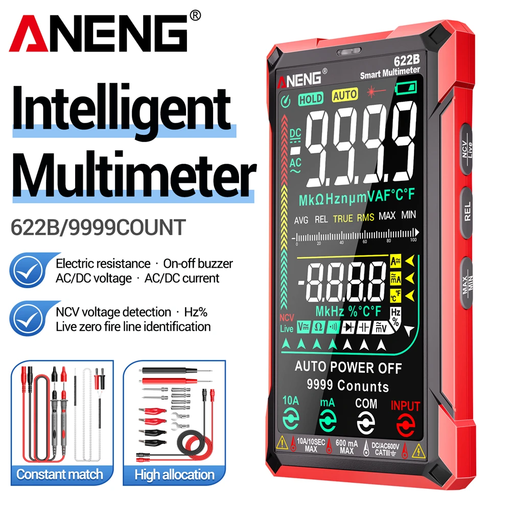 ANENG 622B Smart Digital Multimeter Auto Range 9999 Counts AC Voltage Resistance Ohm Capacitance Hz Tester Meter Test Tools