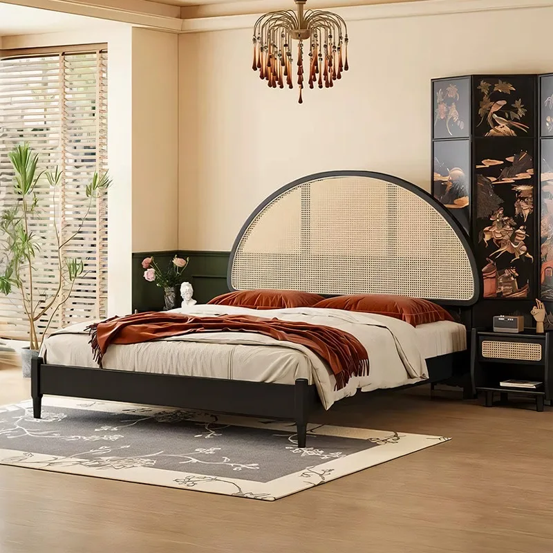 

Furniture medieval retro wabi wind solid wood bed rattan backrest double bed 1.5m 1.8m bed