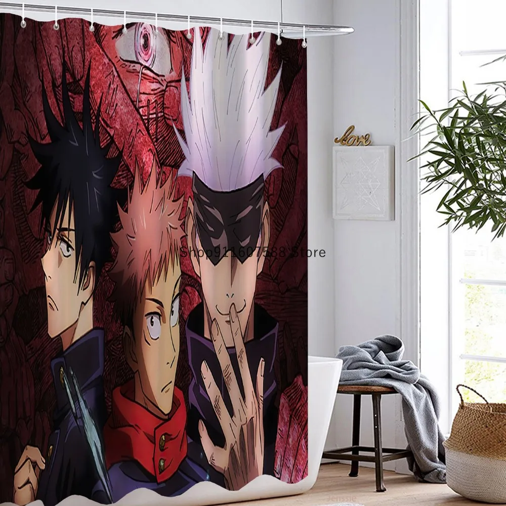 Anime Jujutsu Kaisen Shower Curtain Set Waterproof Washable Polyester Bath Curtain With 12 Hooks 180x180cm Size Decor Hoem Gift