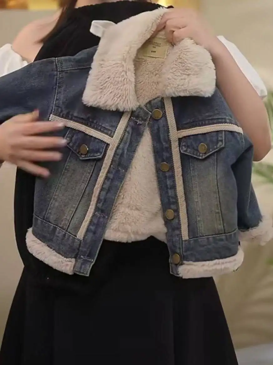 

Бархатный детский джинсовый топ Thiened Fce Rabbit, зимний повседневный теплый топ для мальчиков и девочек, модный длинный свек