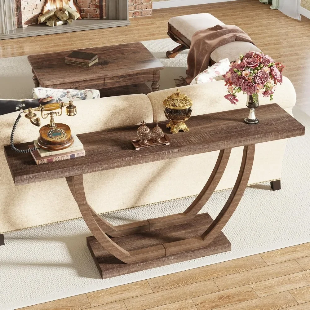 Mesa consola de granja: mesa consola de madera resistente de 63 pulgadas para entrada, mesa de sofá de vestíbulo larga y estrecha con patas geométricas