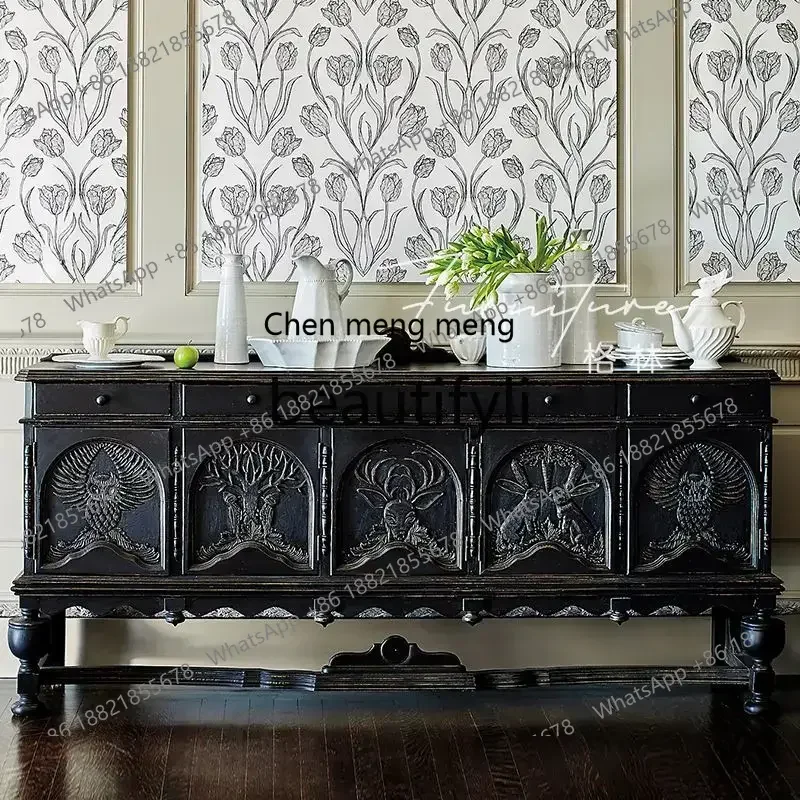 

French retro solid wood carving flower dining side cabinet antique art TV cabinet American porch cabinet6220