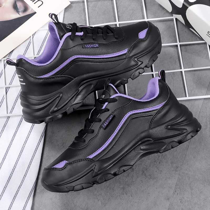 Black Thick Sole Leather Sneakers for Women Big Size 42 Fashion Women Running Shoes High Quality Flats Walking Platform Purple