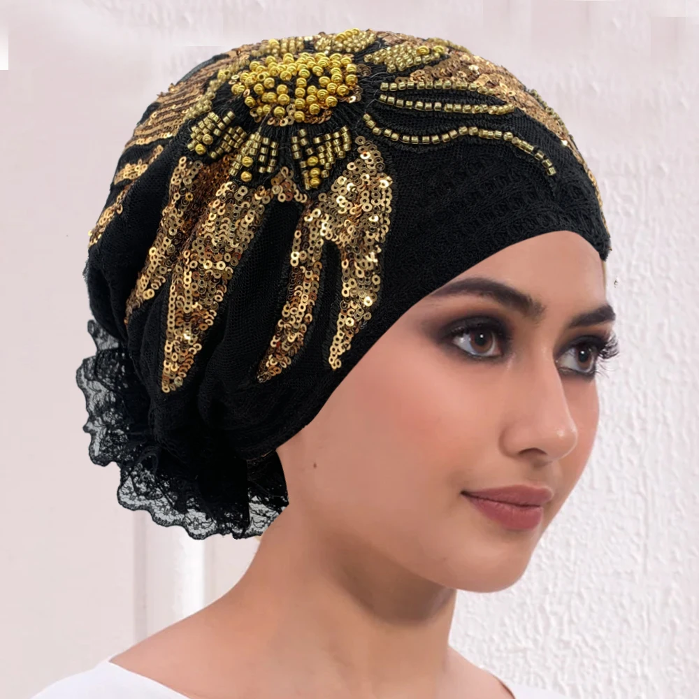 Luxury Diamonds Flower Lace Turban Hat Breathable Women Headscarf Headwear Bonnet Female Head Wraps Lady Beanie Hair Cover Cap