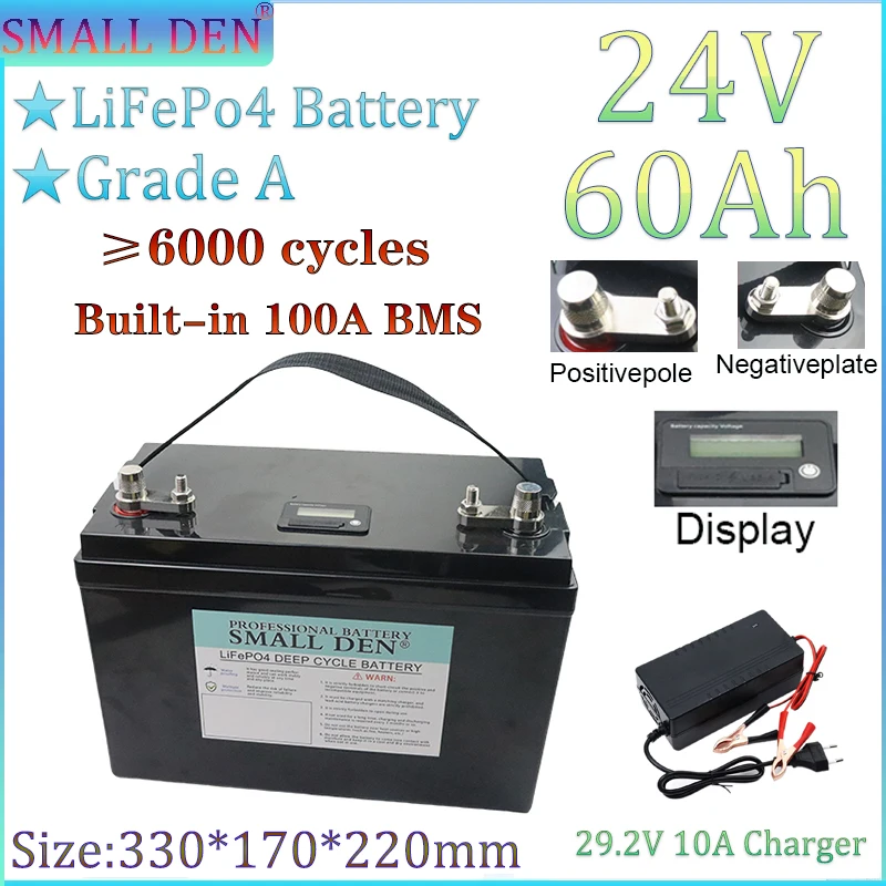 العلامة التجارية الجديدة 24 فولت 60AH LiFePO4 بطارية مع BMS لعربة جولف دراجة كهربائية لوحة طاقة شمسية معدات السلامة قارب سياحي + شاحن 10A