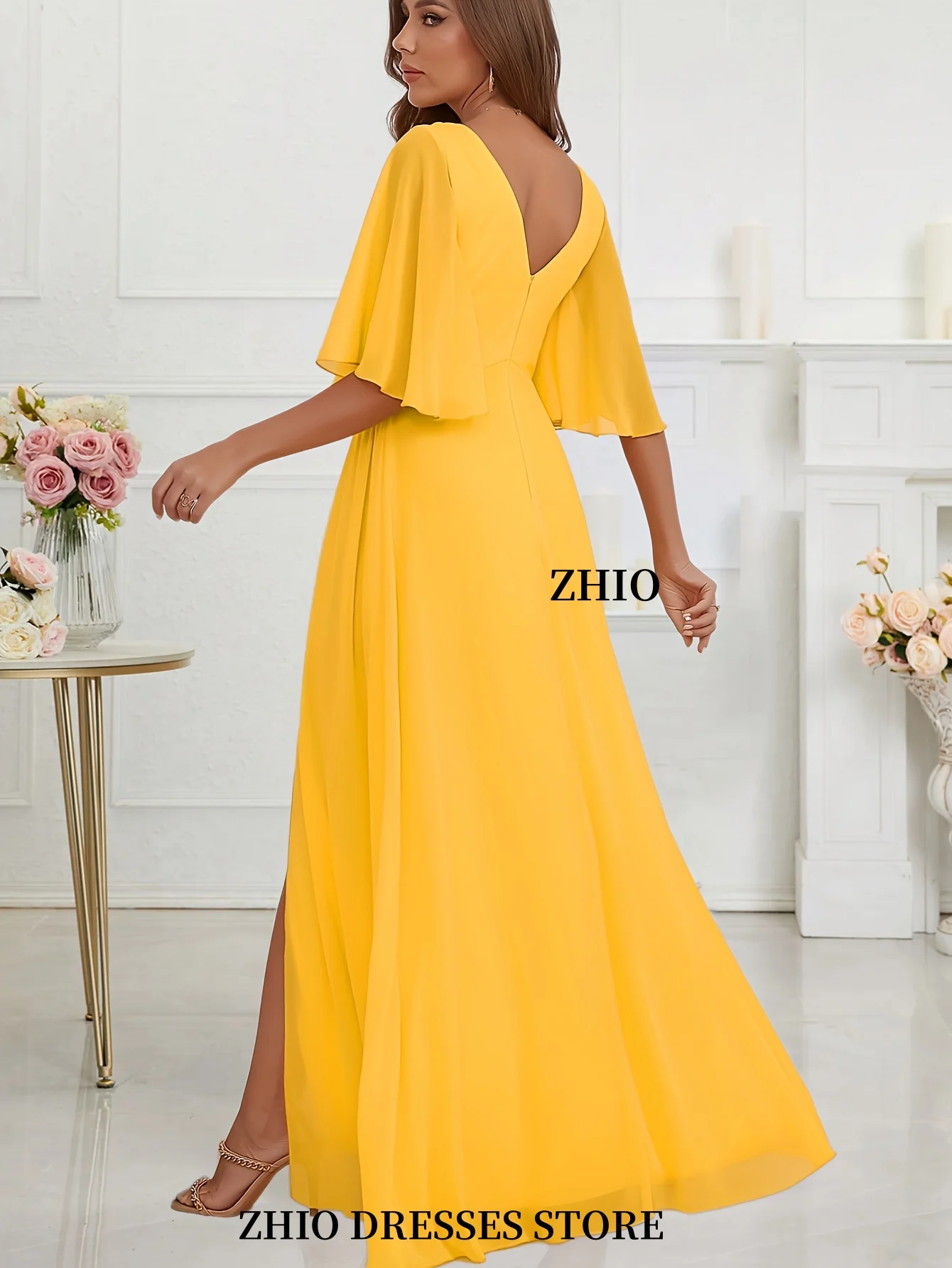 ZHIO أنيقة الأصفر الخامس الرقبة لامعة مطوي قصيرة الأكمام تنورة طويلة مع فجوة عالية الشيفون فستان سهرة رسمي عند الخصر مخصص