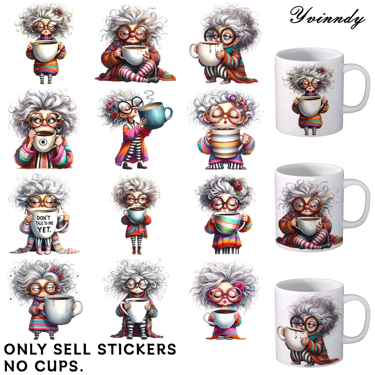 UV-DTF-Transferaufkleber, 12 Stück, Motive „Die Oma, die gerne Kaffee trinkt“, zufällige Designs, UV-DTF-Transferpapier, wasserfest