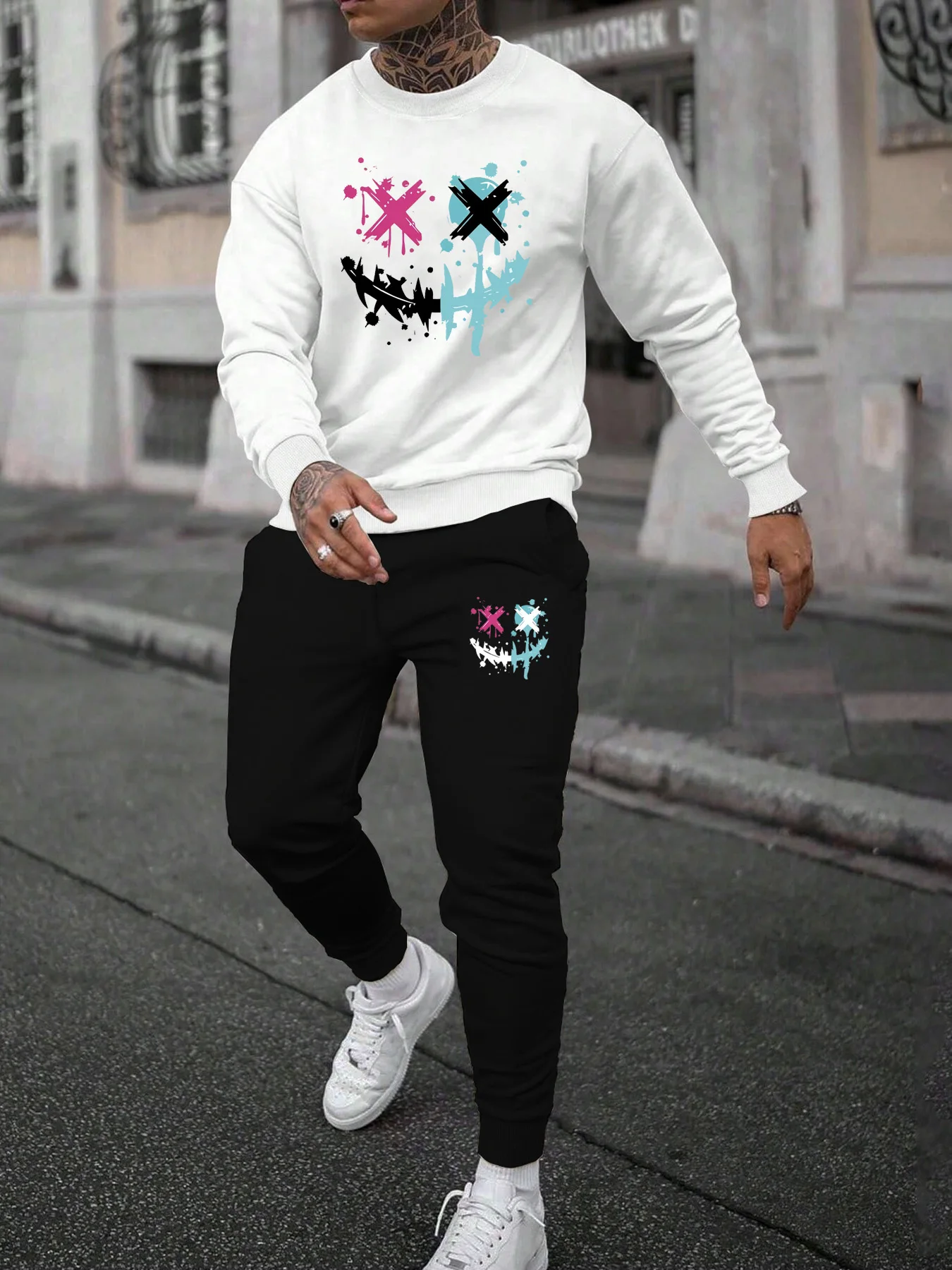 Pop Men's Autumn And Winter Casual Warm Smiling Face Pattern Printed Loose And Thick Velvet Round Neck Sweatshirt+sports Pants S