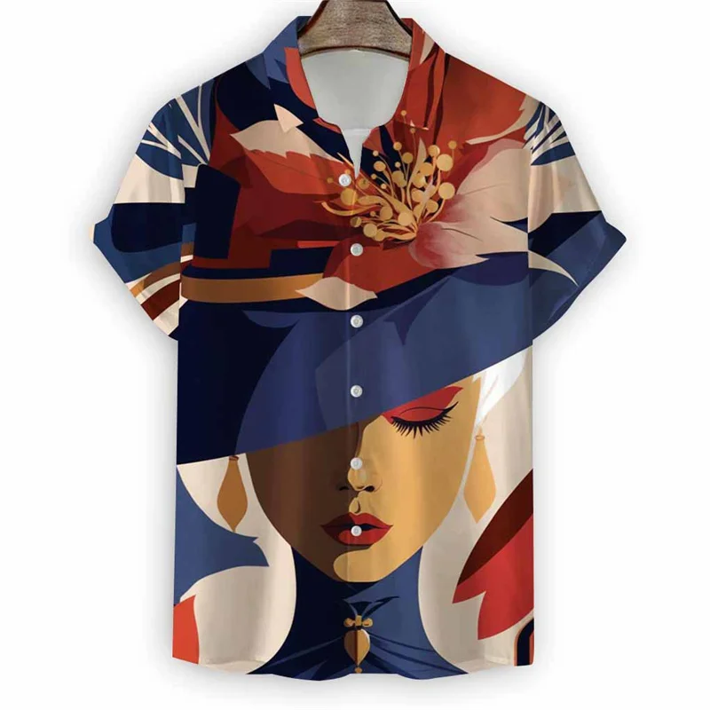 Fashion Art Ladies Painting Hawaiian Shirt Men Summer Beach Vacation Short Sleeve Tops Women Button Tees 3d Print Lapel Blouse