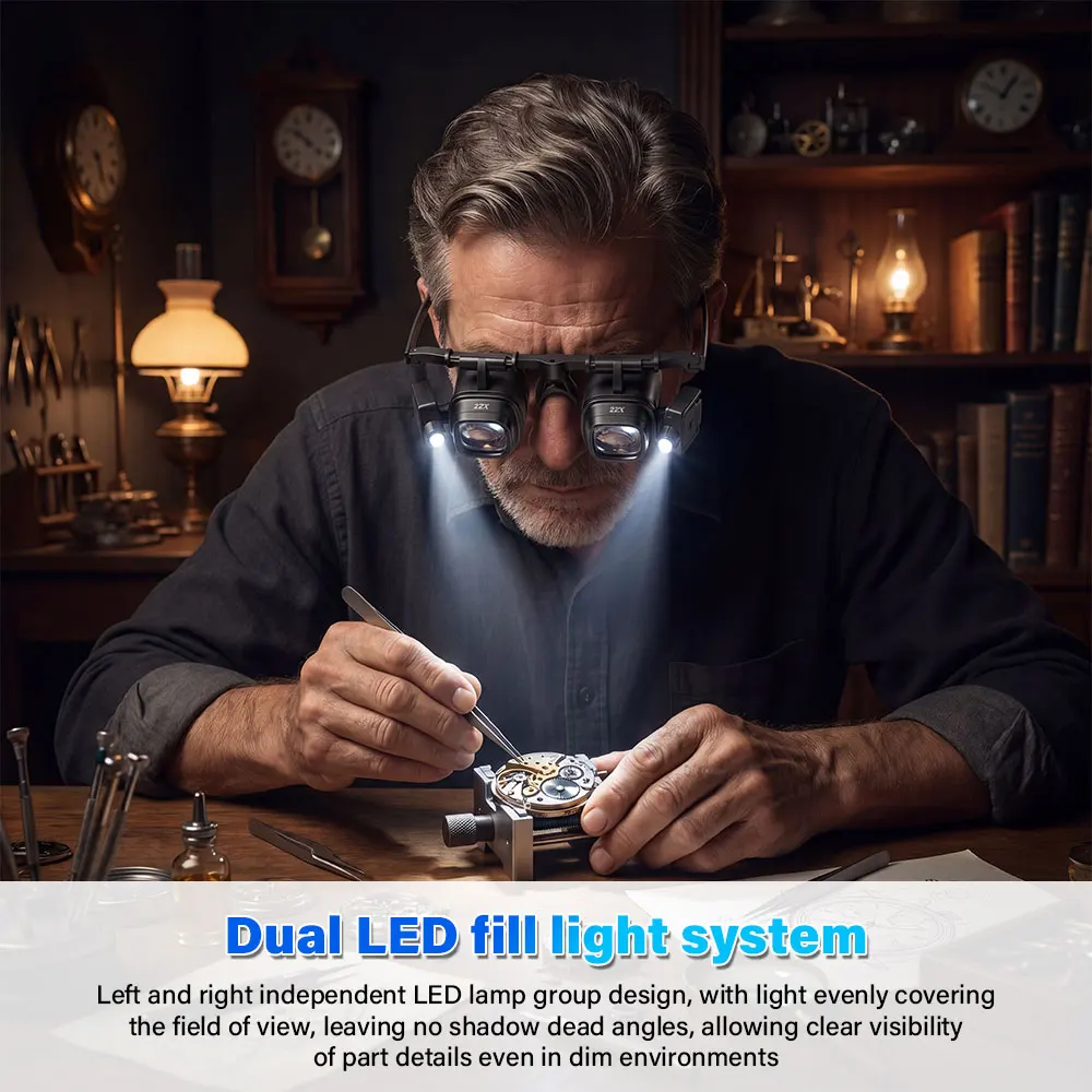 NEW Head Mount Magnifier Glasses with LED Light, Portable Magnifying Lens for Watch Repair, Electronics Soldering