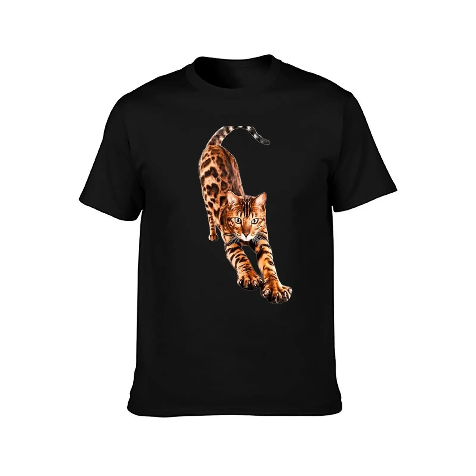 Bengal Cat Stretching T-Shirt, Summer Casual Cotton Tee, Oversized Streetwear Tops, Vintage Graphic Print, Unisex Men Women