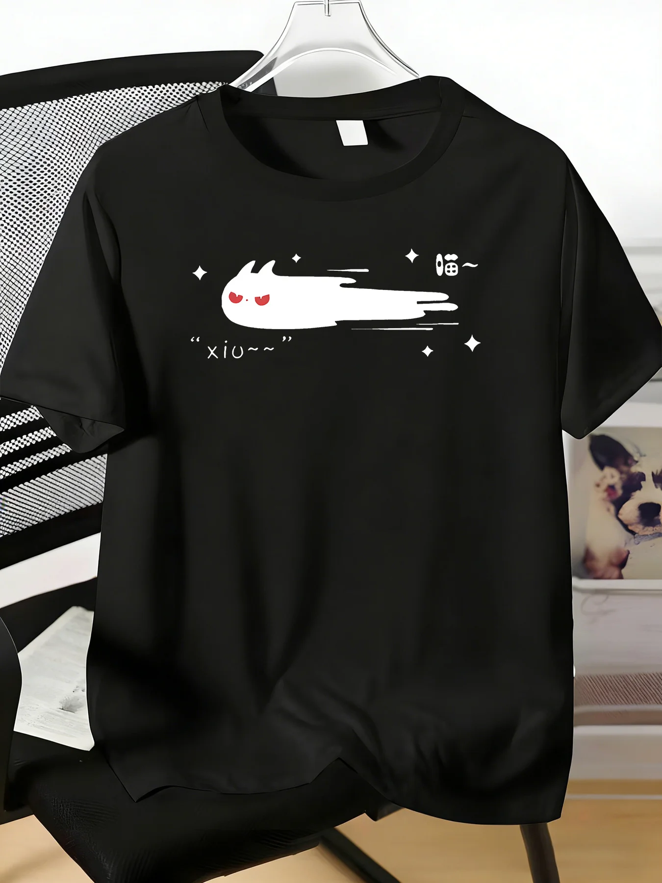 Men White Crew Neck Tee Cute Speeding Black Cat Graphic Soft Short Sleeve Light Casual Street Daily Summer Loose Fit Male Tops