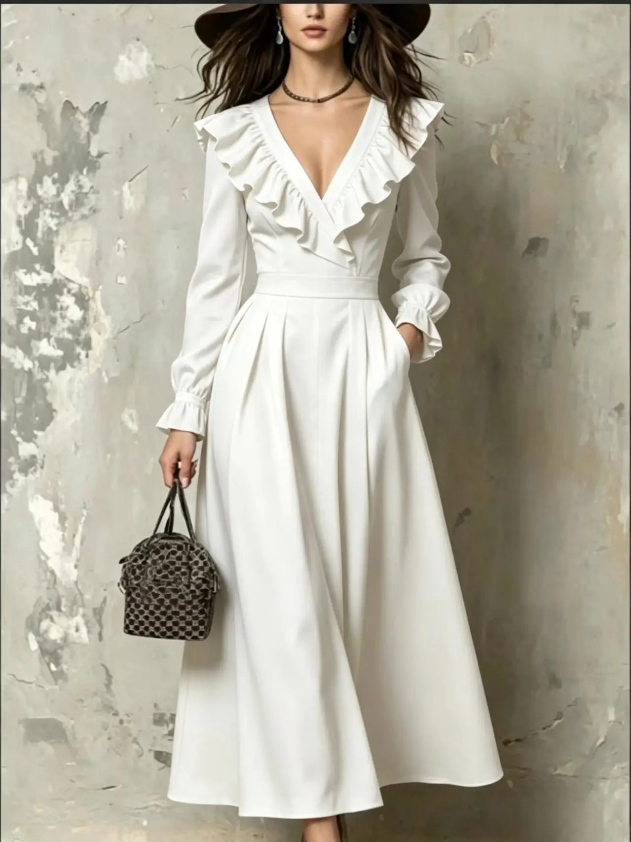 European and American retro V-neck ruffle edge dress, women's long sleeved, waist cinched, large swing mid length dress, elegant