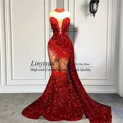 Glitter Sequins Prom Dress Luxury Beaded Crystals Mermaid Evening Party Gowns Strapless Sexy Hollow-out Long vestidos de festa