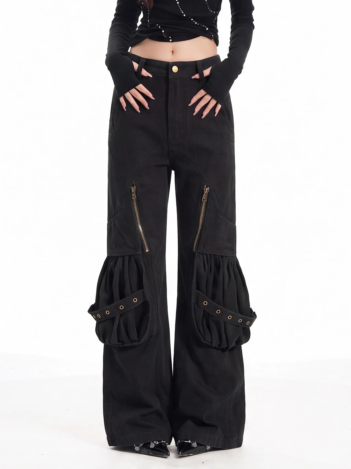 Dark Style Multi-Pocket Workwear Denim Pants Women's High Waist Wide Leg Floor-Length Trousers Casual Straight Leg Jeans