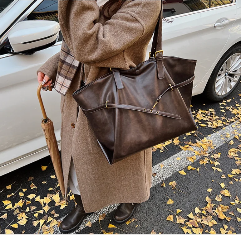 Large Capacity Winter Lady Shoulder Bag Vintage Casual Girl Tote Bags Y2K Pu Leather Female Handbags Women's Commuter Bags Purse