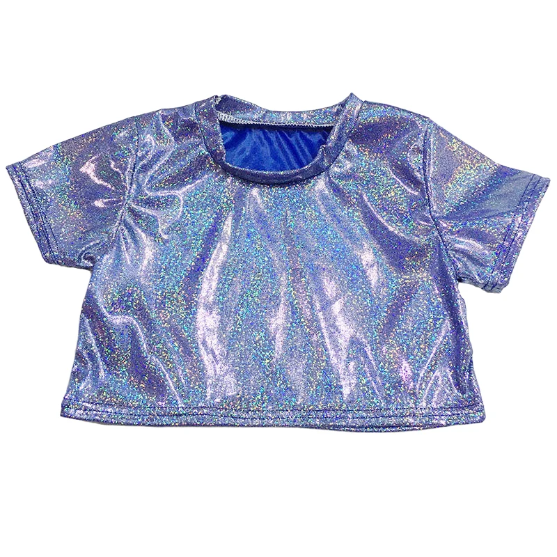 Adult Hip Hop Dance Tops Kids Girl Boy Metallic Crop Top Shiny T-shirt Short Sleeve Glitter Jazz Clothing Costume Rave Festival