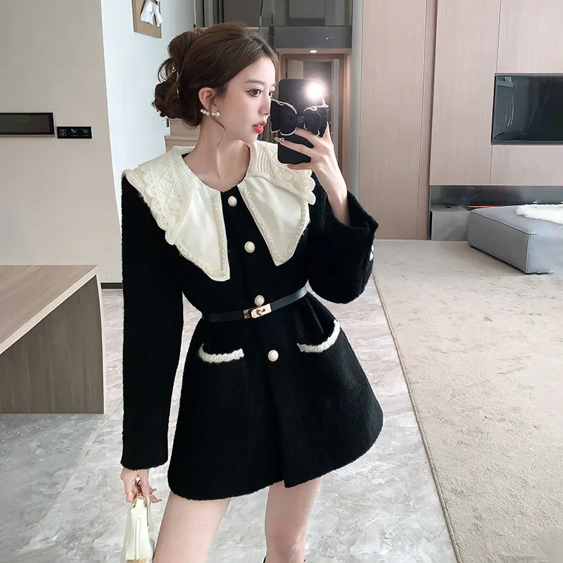 Doll Collar Women's Quilted Warm Woolen Suit Jacket Winter Tight Waist Slimming Elegant Office Lady Woolen Coat Top with Belt