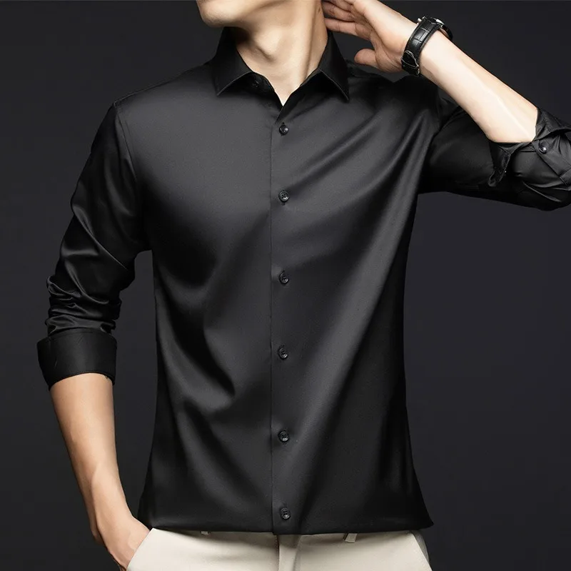 Men Lapel Long Sleeve Mulberry Silk Shirt Light Business Solid Color Soft Breathable Casual Dress Shirt