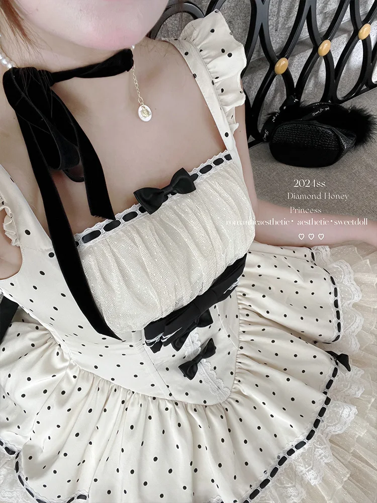 Vintage Romantic Girls Doll Lolita Polka Dot Jsk Dress New Summer Women\'s Sweet Bow Princess Short Party Birthday Dresses