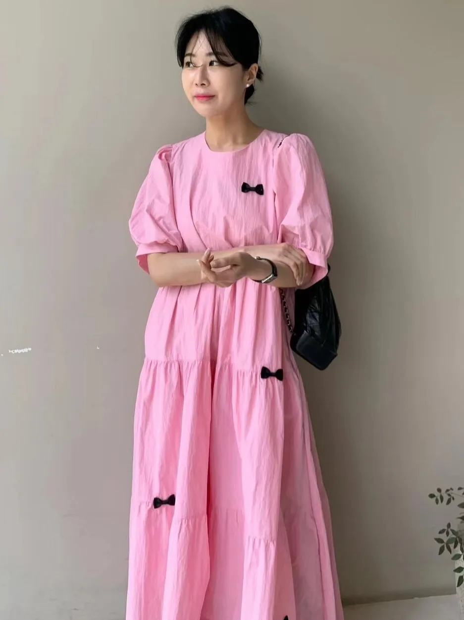 

Chic Summer Casual Loose Bubble Sve round Ne Knot Decoration Women's Dr Ele Age-Defng Faionable