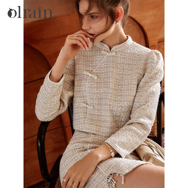 OLrain 2026 Autumn Women Chinese Style Tweed Short Jacket Long Sleeve Elegant Luxury Fashion Daily Outer Coat O21QW53182