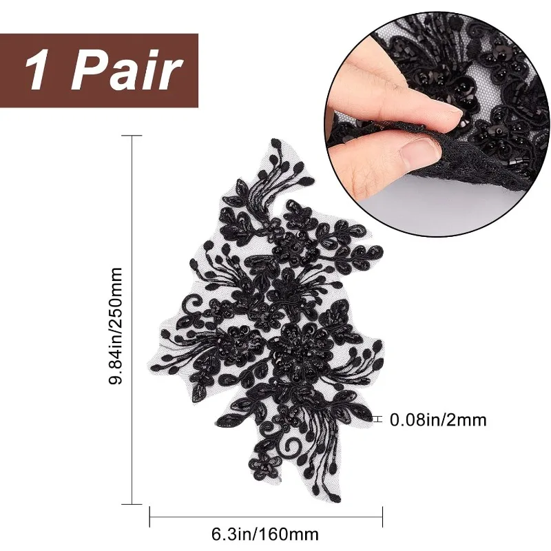 2Pcs Pearl Flower Embroidery Lace Patches 3D Floral Black Floral for Headpiece Clothing Bridal Accessories Supply Craft DIY