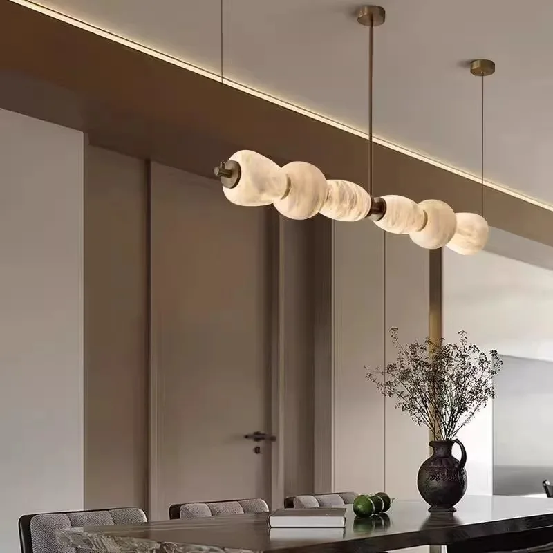 Nordic Light Luxury Marble LED Pendant Chandelier With Adjustable Height Dimmable Bedroom Lighting Beige Finish 3000K Warm White