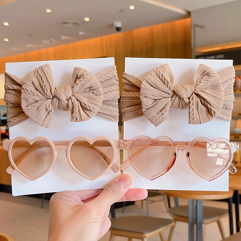 2 Pcs/Set New Children Cute Solid Bowknot Wide Hairbands Heart Sunglasses Hair Bands Baby Girls Headwear Kids Hair Accessories