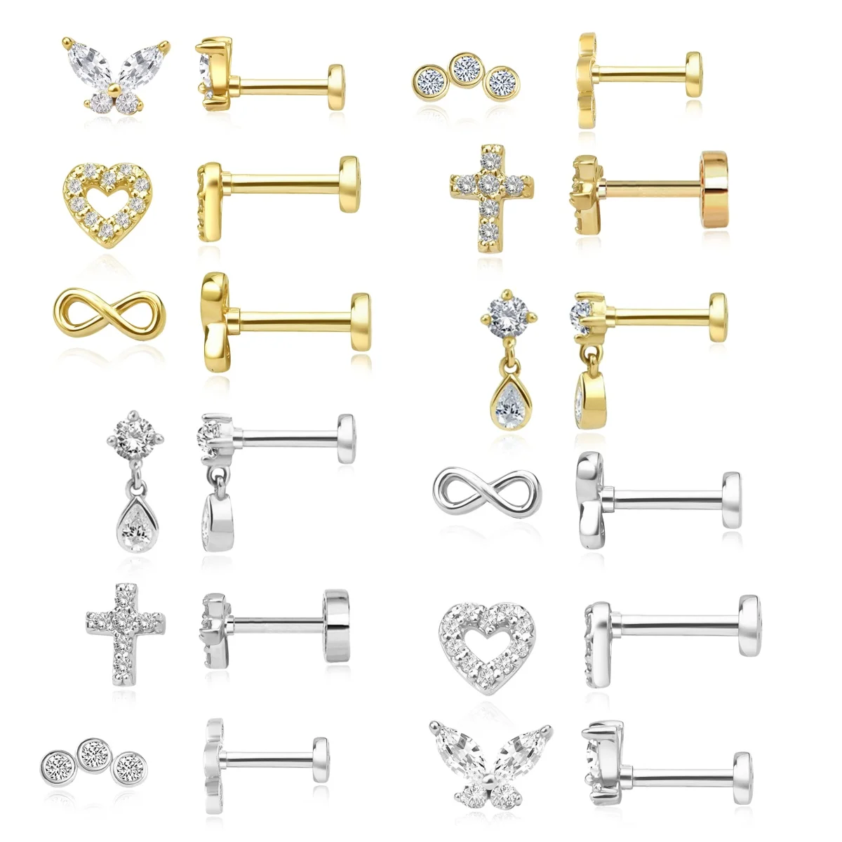 CANNER 1Pc 925 Silver Cute Butterfly Horse Eye Stud Earrings For Women 18K Gold Cross Heart-Shaped Flat Bottom Screw Earrings