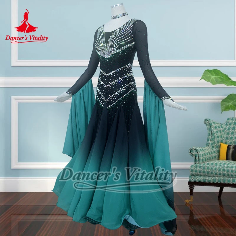 블랙-그린 그라데이션 컬러 포크스트롯 AB 스톤 드레스 맞춤형 성인&어린이 표준 소셜 댄스 대회 의상 댄서의 활력