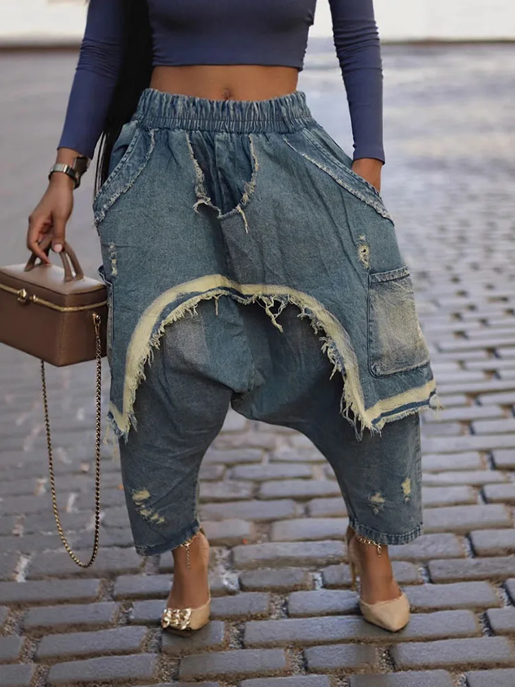 الشارع الشهير ممزق هول سراويلي حريمي للنساء ملابس Y2K الجينز Harajuku جيوب الموضة فضفاضة سراويل جينز بنطلونات فام
