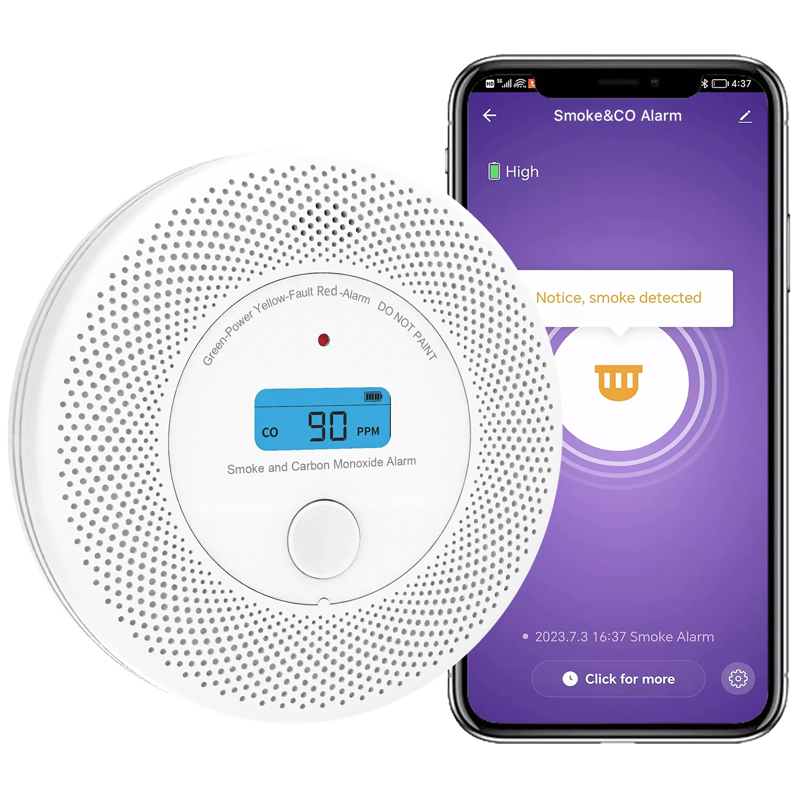 2-in-1 WiFi Smart CO Smoke Detector Carbon Monoxide Alarm PIR Sound Sensor Alert for Home Security System Parlor Kitchen