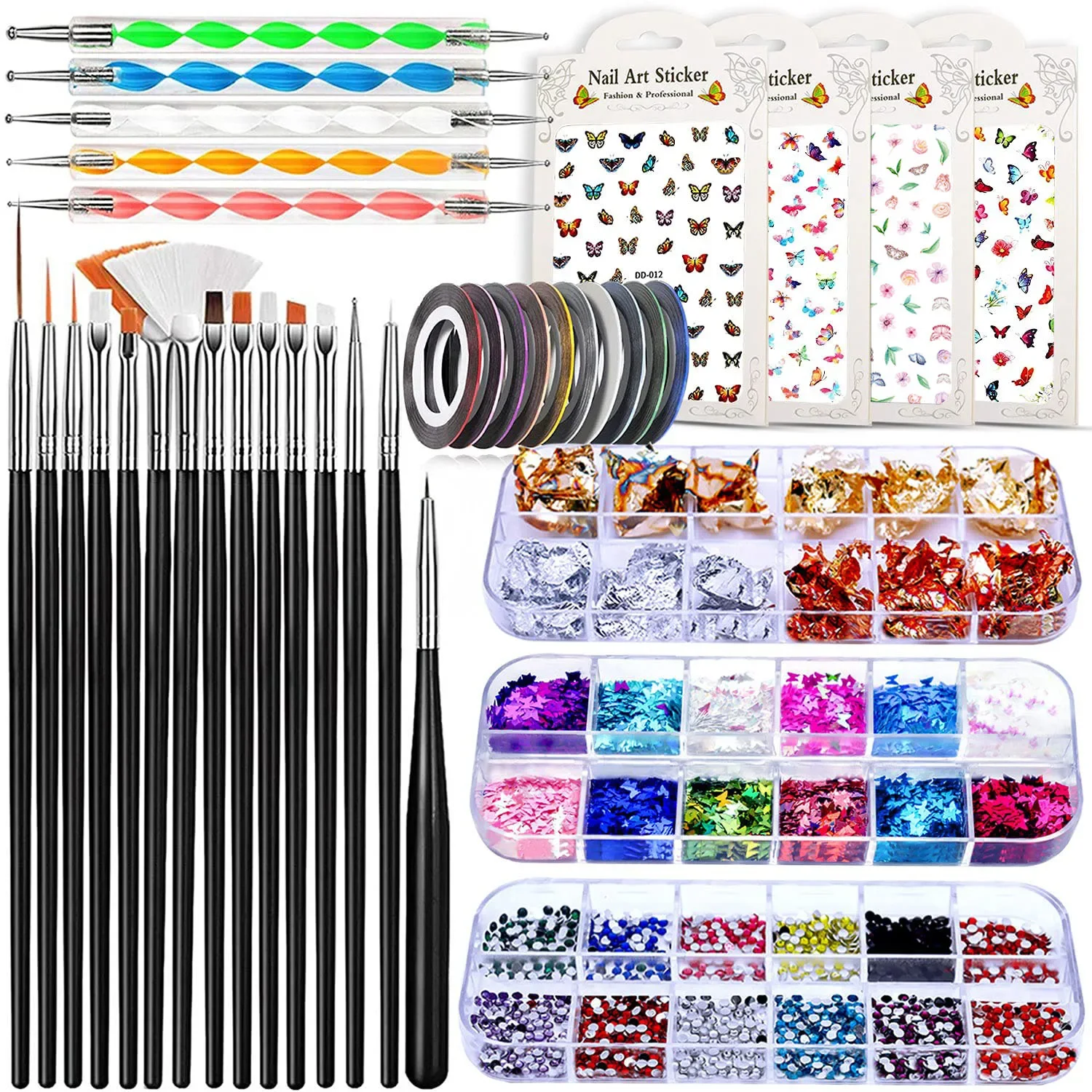 

Complete Nail Art Decorations Kit: Brushes, Dotting Tools, Foil, Stripe Tape, 3D Nail Stickers, Glitter & Rhinestones