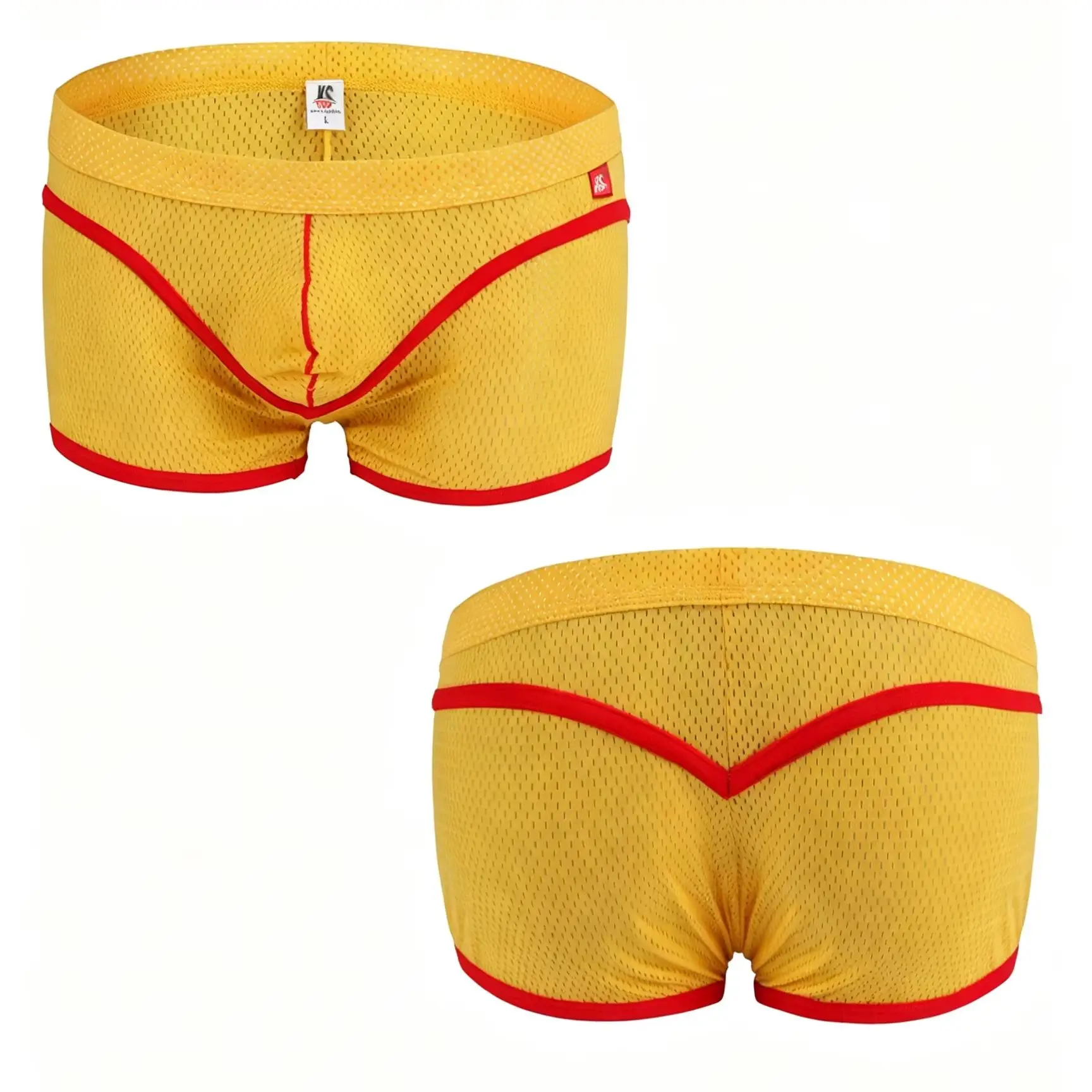 

Men Mesh Breathable Boxer Briefs Contrast Red Trim Low Rise Quick Dry Sports Underwear Soft Stretch Summer Underpants 1PC