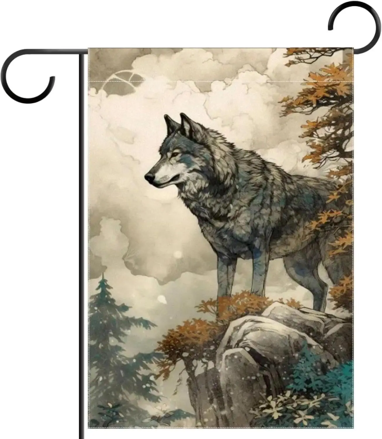 Landscape Painting Wolf Garden Flag 12x18 Inch Double Sided Outdoor Yard Banner Seasonal Welcome Decorations Holiday Flag for Ou