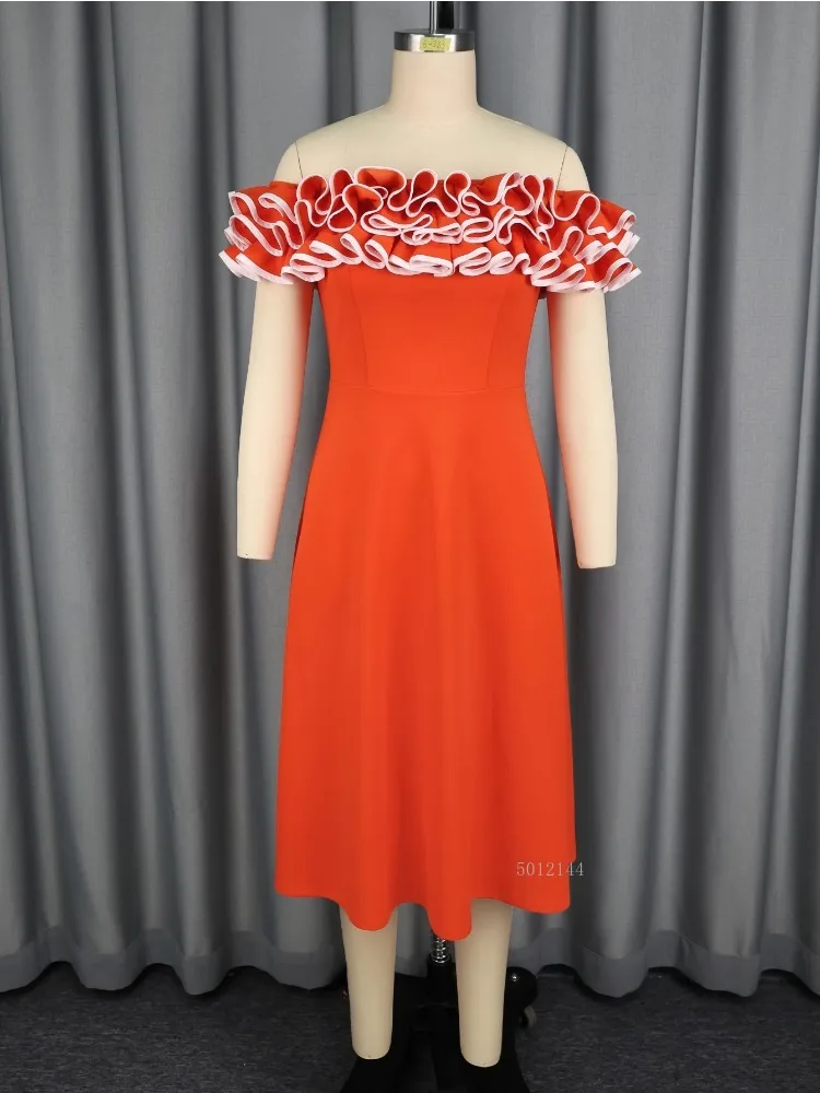 

Элегантные женские платья оранжевого цвета с разрезом на шее, 3D плиссированное платье с баской и высокой талией, трапециевидное платье с открытыми плечами до середины икры для вечеринки
