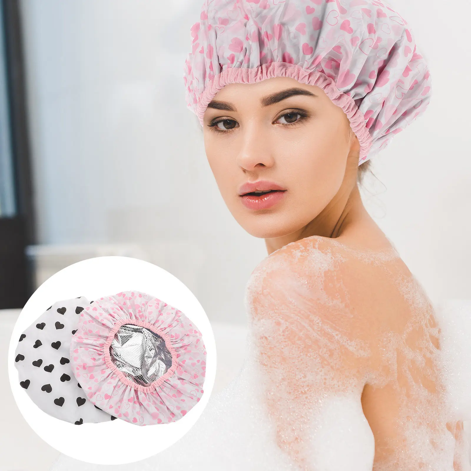 2 pcs Tin Foil Waterproof Reusable Self Heating Bathing Shower Cap For Long Women Deep Conditioning Processing Caps Elastic Hair