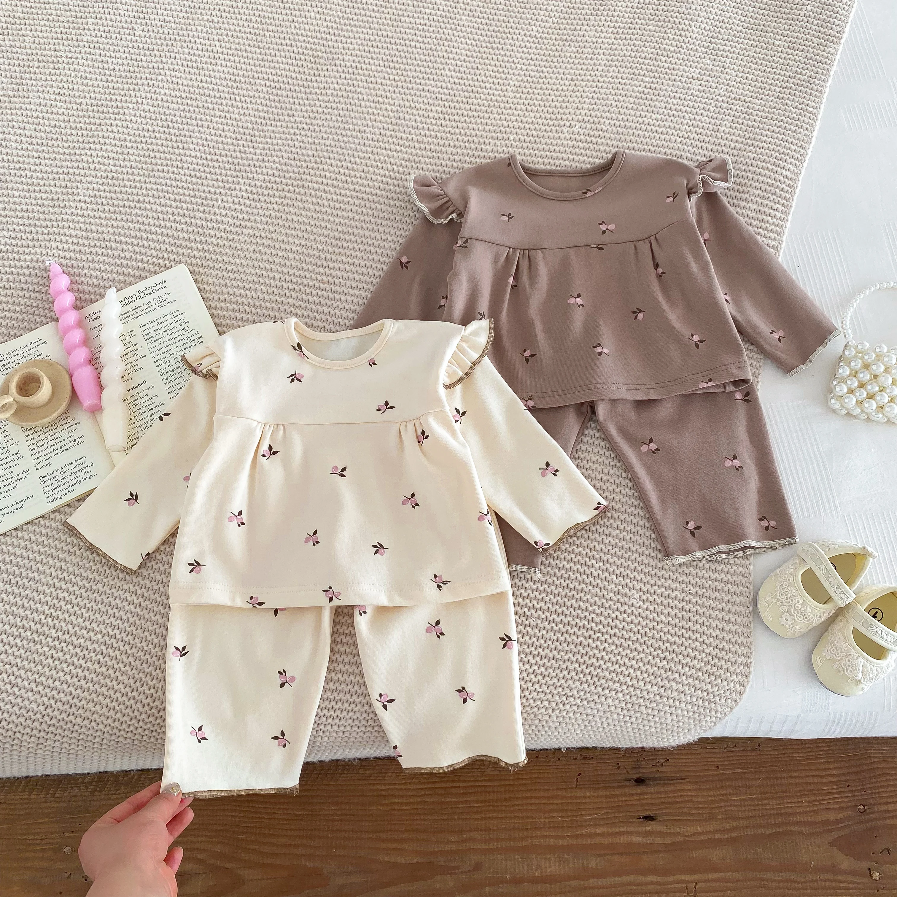 IG Fashion Newborn Clothes Baby Pajamas Boy Girl Cherry Print Long Sleeves Shirt + Pants Sleepwear Two Piece Set 0-2yrs