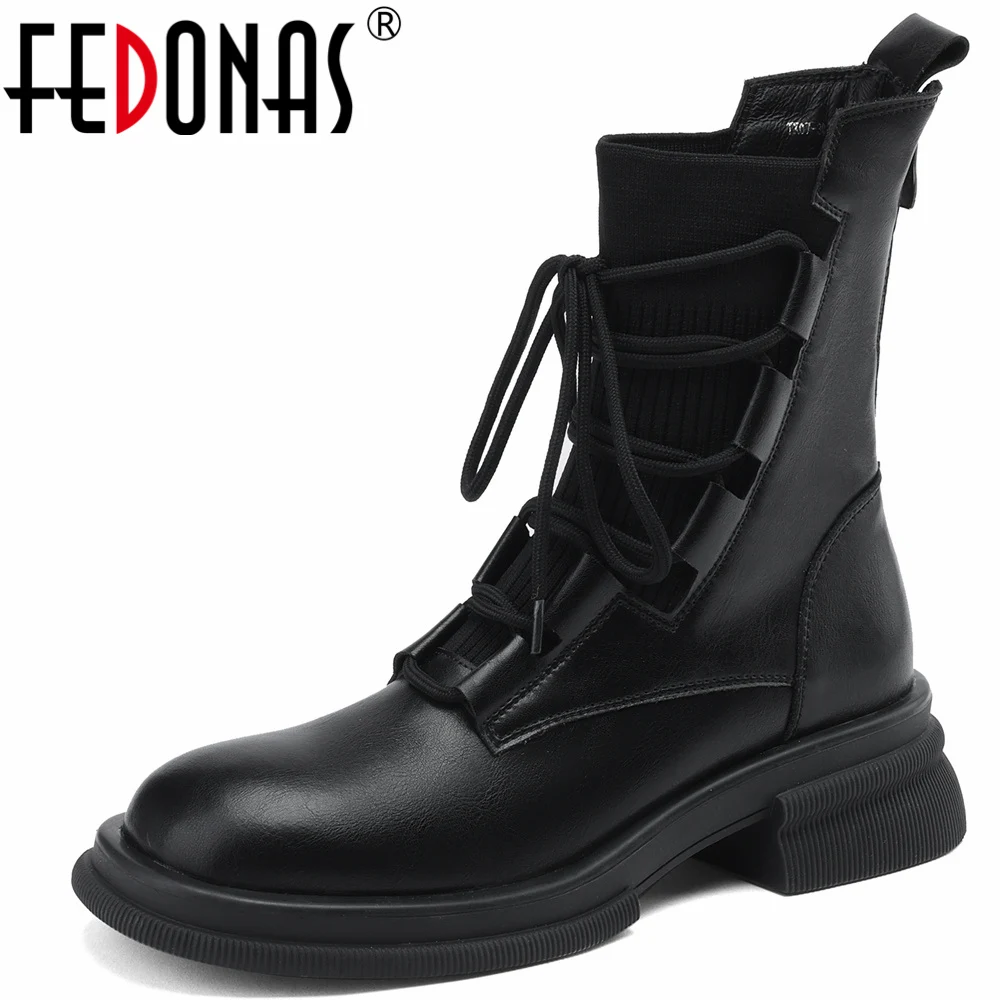 

FEDONAS Knitting Splicing Genuine Leather Women Ankle Boots Autumn Winter Back Zipper Round Toe Casual Office Lady Shoes Woman