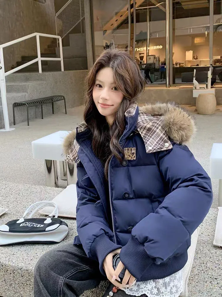 Winter Warm Fur Hooded Parkas Women Y2K Korean Chic Embroidery Padded Jacket Thick Bf Harajuku Streetwear Patchwork Down Coats
