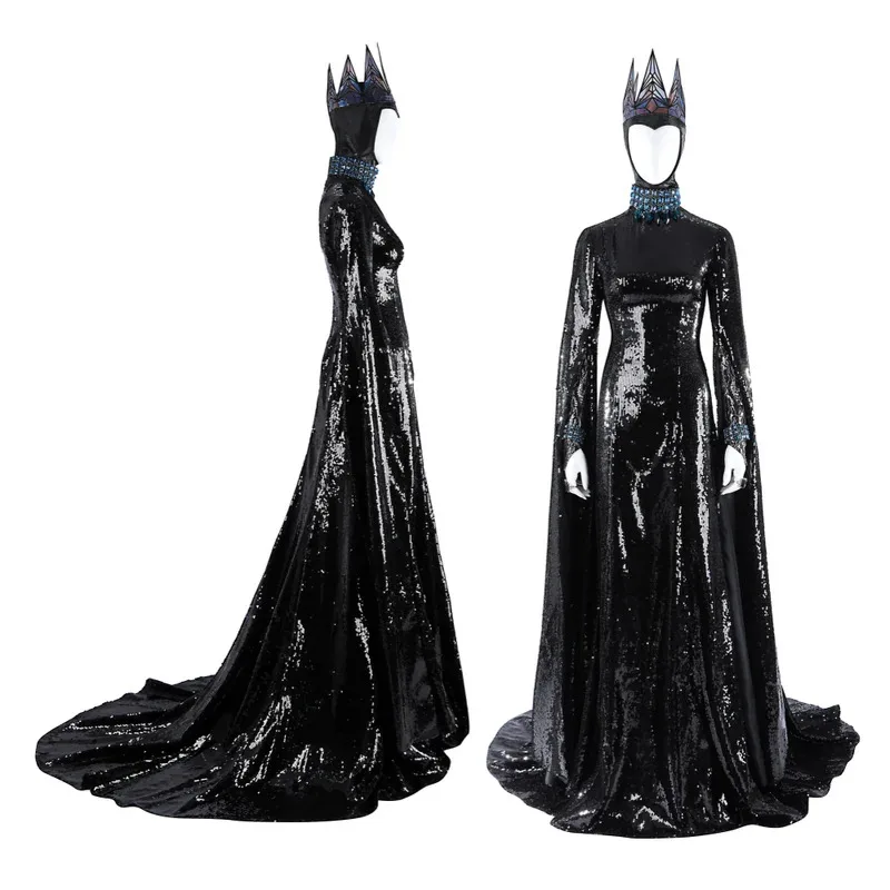 เครื่องแต่งกายราชินีปีศาจฮาโลวีน,เครื่องแต่งกายเล่นตามบทบาทสีดำและสีขาวสำหรับผู้ใหญ่,กระโปรงยาว,เครื่องแต่งกายอุปกรณ์เสริมมงกุฏ