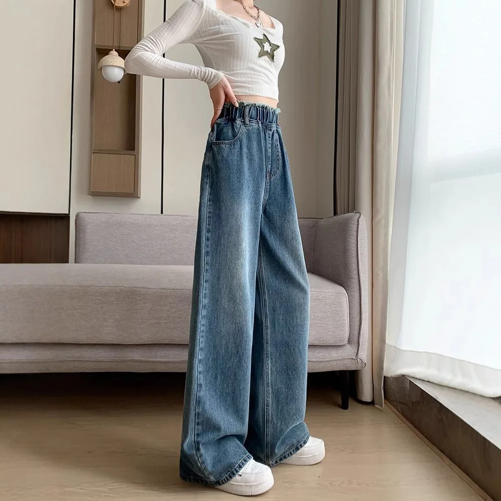 

Women's Floor-length Denim Trousers, Straight Wide Legs, Loose, Tight, High Waist, Slimming, Spring Plus Size Women's Clothing