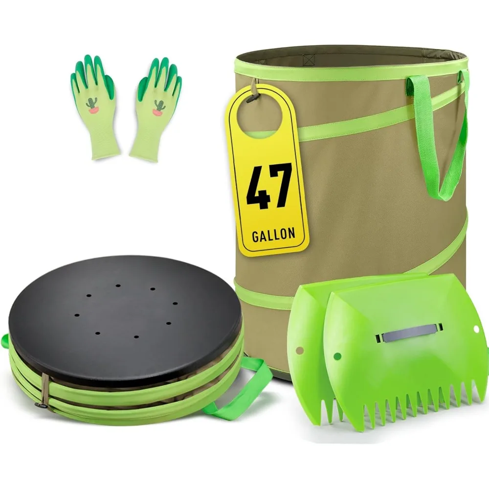 

Складная садовая сумка на 47 галлонов с жестким дном, включает в себя совок для листьев и перчатками для отходов в дворе.