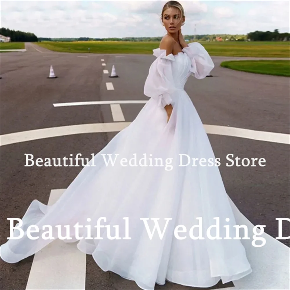 Simple Wedding Dress For Women Off-Shoulder Sleevelss With Flowers A-Line Pure Plain Satin Vestidos New White Split Bridal Gown