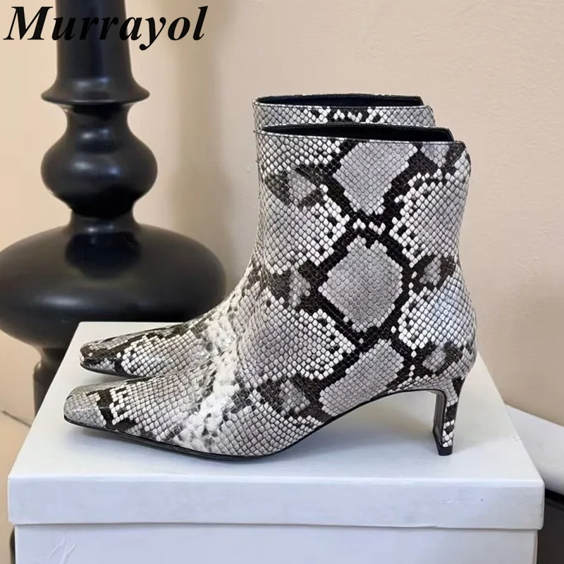 Chunky High Heel Short Boots Snake Skin Pattern Women Real Leather Square Toe Ankle Botas Ladies Autumn Versatile Chelsea Boots