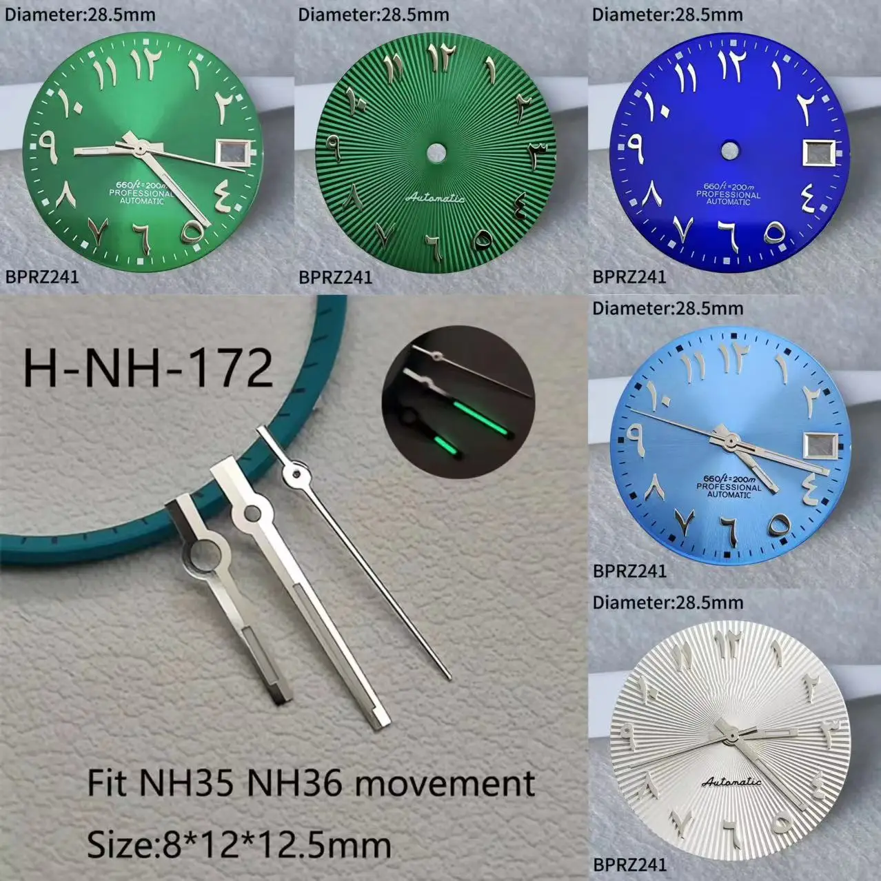 28.5mm Arabic numerals S logo no luminous dial Suitable nh dial 35 Movement accessories Watch repair tool blue green blue dial