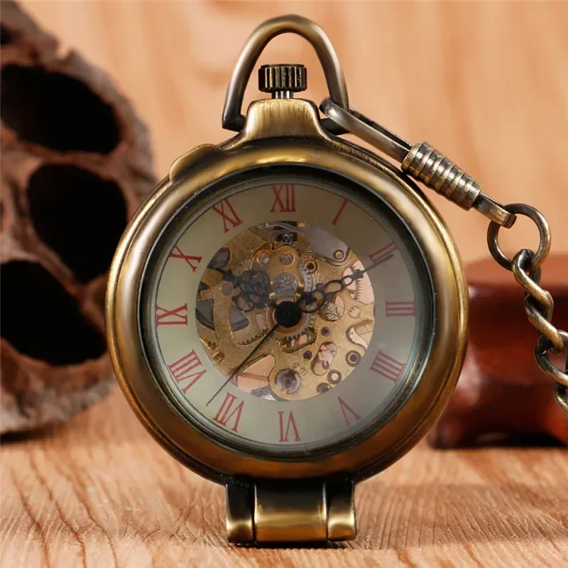 

Antique Men Women Skeleton Handwinding Mechanical Pocket Watch Half Hunter Pendant Chain Roman Number FOB Clock Gift