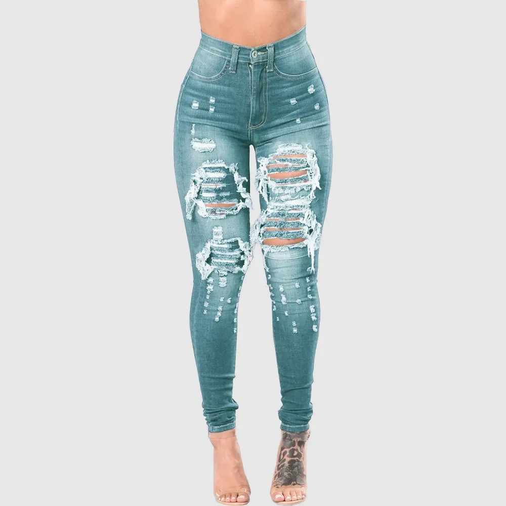 Celana Jeans Wanita Model Pensil Denim Berlubang Sobek Skinny Panjang Se-mata Kaki Stretch Pinggang Tinggi Distressed Washed Streetwear