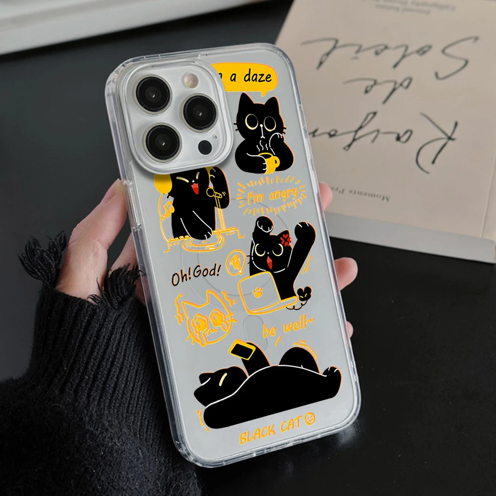 Funda de teléfono de gato de trabajo negro de dibujos animados para iPhone 11, 12, 13, 14, 15, 16 Pro Max Plus, Magesafe, carga magnética transparente, carcasa suave